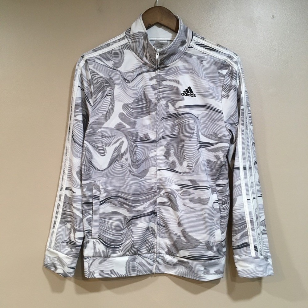Adidas Full Zip Track Jacket Kids Youth XL White Gray Sporty Abstract Athletic